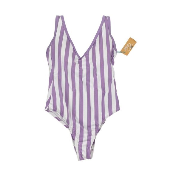 Kona Sol Other - NWT Kona Sol Purple Striped Deep V-Neck One Piece Swim Suit Womens Size Small